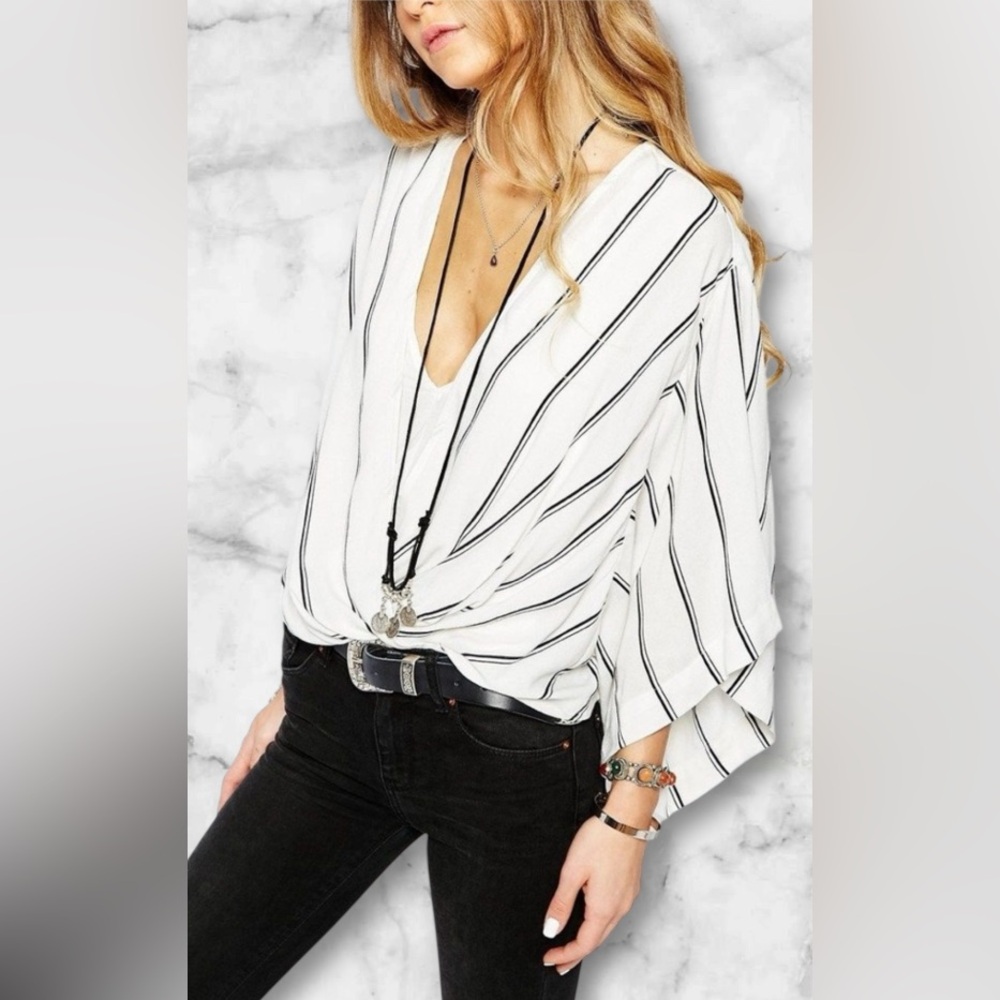 Free People Sleepy Time Striped Kimono Style Top Deep V Relaxed Fit Boho Size S - Picture 6 of 11